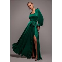 Satin Square Neck Bishop Sleeve A Line Maxi Dress - Emerald Green by Goddiva