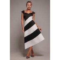 Striped Contrast Asymmetric Midi Dress - Black Cream by Goddiva