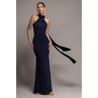 Scuba & Velvet Satin Halterneck Maxi Dress With Back Sash - Navy Blue by Goddiva