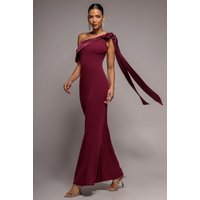 One Shoulder Velvet Satin Bow Cape Maxi Dress - Burgundy by Goddiva