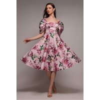 Off Shoulder Floral Bow Back A Line Midi Dress - Blush Pink by Goddiva