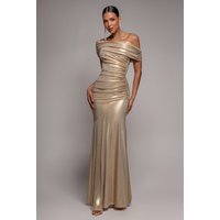 Foil Pleated One Shoulder Bardot Fit And Flare Maxi Dress - Gold by Goddiva