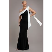 One Shoulder Contrast Bow Maxi Dress - Black Cream by Goddiva