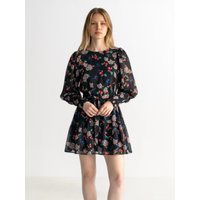 Louche Daphne Carpathian Florals Print Shirred Cuff Tie Waist Mini Dress