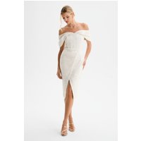 Lavish Alice HARLEEN Draped Bardot Sequin Boucle Midi Dress in Beige