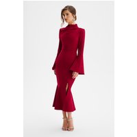 Lavish Alice AUBREY High Neck Fluted Sleeve Micro Button Midi Dress in Burgundy X