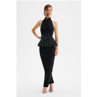 Lavish Alice VALENTINA High Neck Crystal Embellished Peplum Maxi Dress In Black S