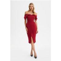 Lavish Alice HARLEEN Draped Bardot Bonded Satin Midi Dress in Burgundy M