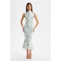 Lavish Alice SAFFRON High Neck Crepe Midi Dress in Sage Porcelain Print