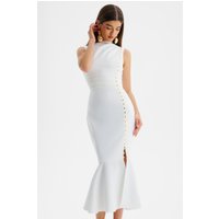 Lavish Alice SAFFRON High Neck Micro Shell Button Midi Dress in White