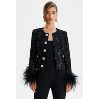Lavish Alice LARIA Sequin Boucle Jacket with Feather Cuffs in Black