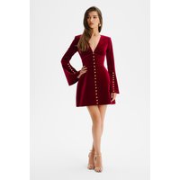 Lavish Alice LARA Fluted Sleeve Rose Button Velvet Mini Dress In Burgundy