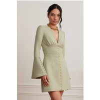 Lavish Alice LARA Fluted Sleeve Rose Button Mini Tulip Dress In Sage Green SM