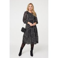 Izabel London Polka Dot Print Puff Sleeve Midi Dress women's Long Dress in Black