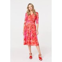 Izabel London Floral Mesh Ruched Midi Faux Wrap Dress women's Midi Dresses in Orange