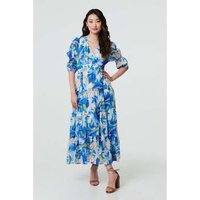 Izabel London Abstract Puff Sleeve Tiered Maxi Dress women's Long Dress in Blue