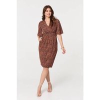 Izabel London Printed Ruched Faux Wrap Knee Length Dress women's Dress in Brown