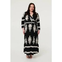 Izabel London Curve Ikat Print Sleeve Wrap Maxi Dress women's Long Dress in Black