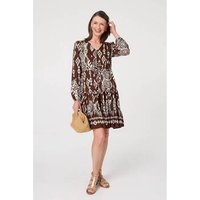 Izabel London Printed Tiered V-Neck Knee Length Dress women's Dress in Brown