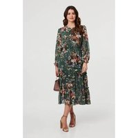 Izabel London Floral Tiered Long Sleeve Midi Dress women's Midi Dresses in Green