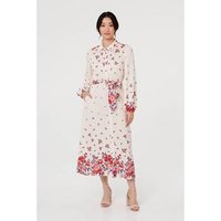 Izabel London Floral Border Tie Waist Midi Shirt Dress women's Midi Dresses in Pink