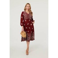 Izabel London Embroidered Long Sleeve Midi Dress women's Midi Dresses in Red
