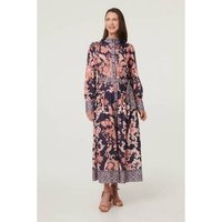 Izabel London Border Print High Neck Maxi Shirt Dress women's Long Dress in Marine