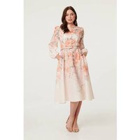 Izabel London Floral Belted High Neck Midi Dress women's Midi Dresses in Pink