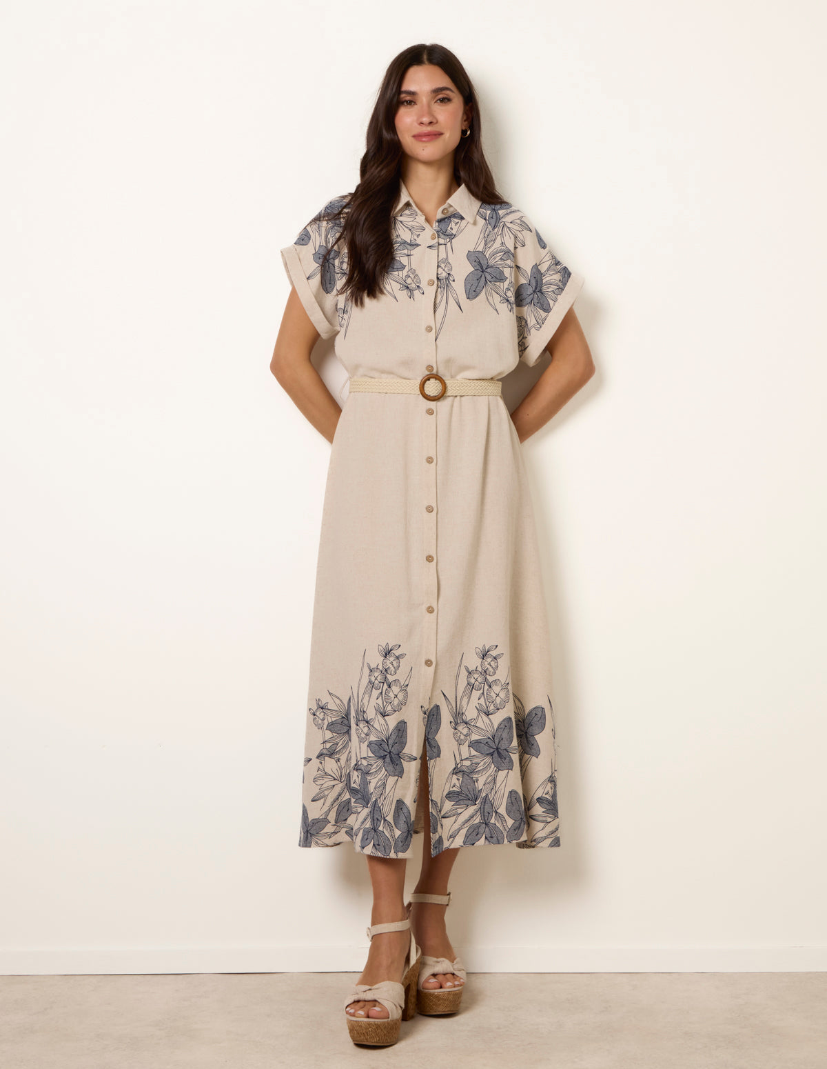 Printed Linen Belted Dress - S LINEN