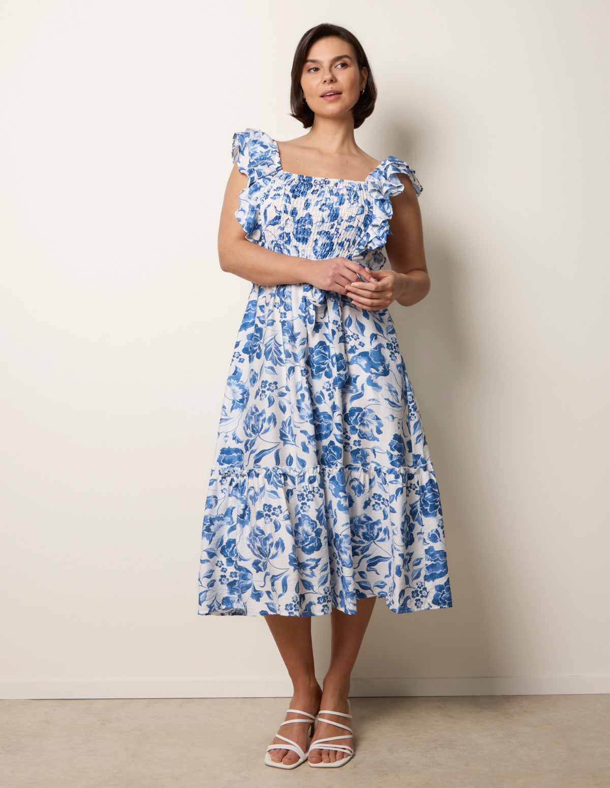 Frill Sleeveless Dress With Floral Print - M BLUE