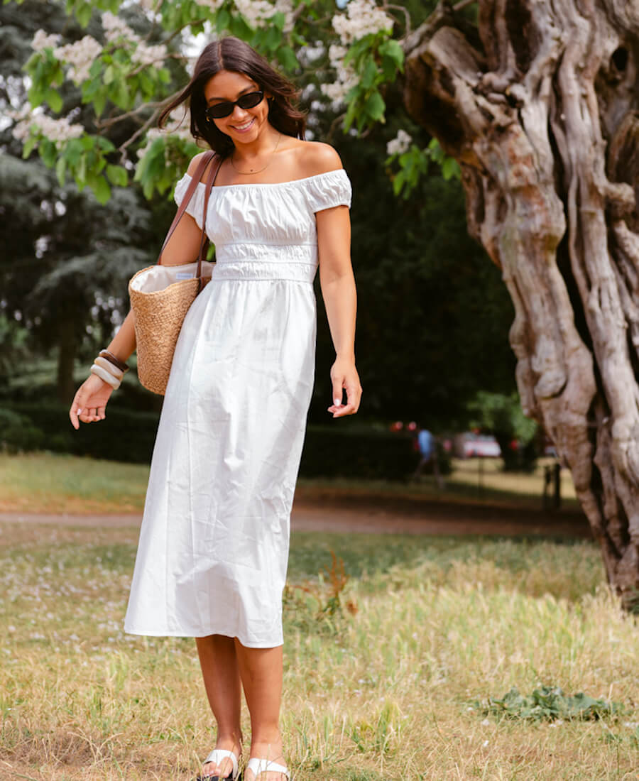 White Cotton Shirred Bardot Midi Dress