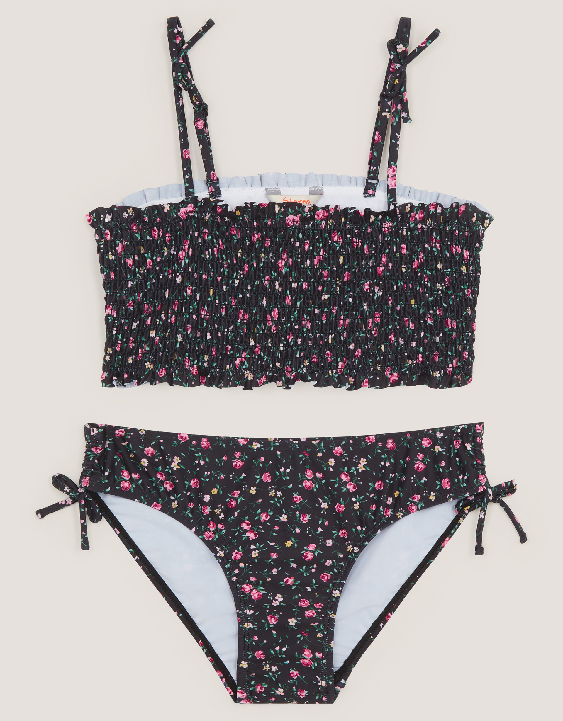 Ditsy Floral Smocked Bikini Set Black