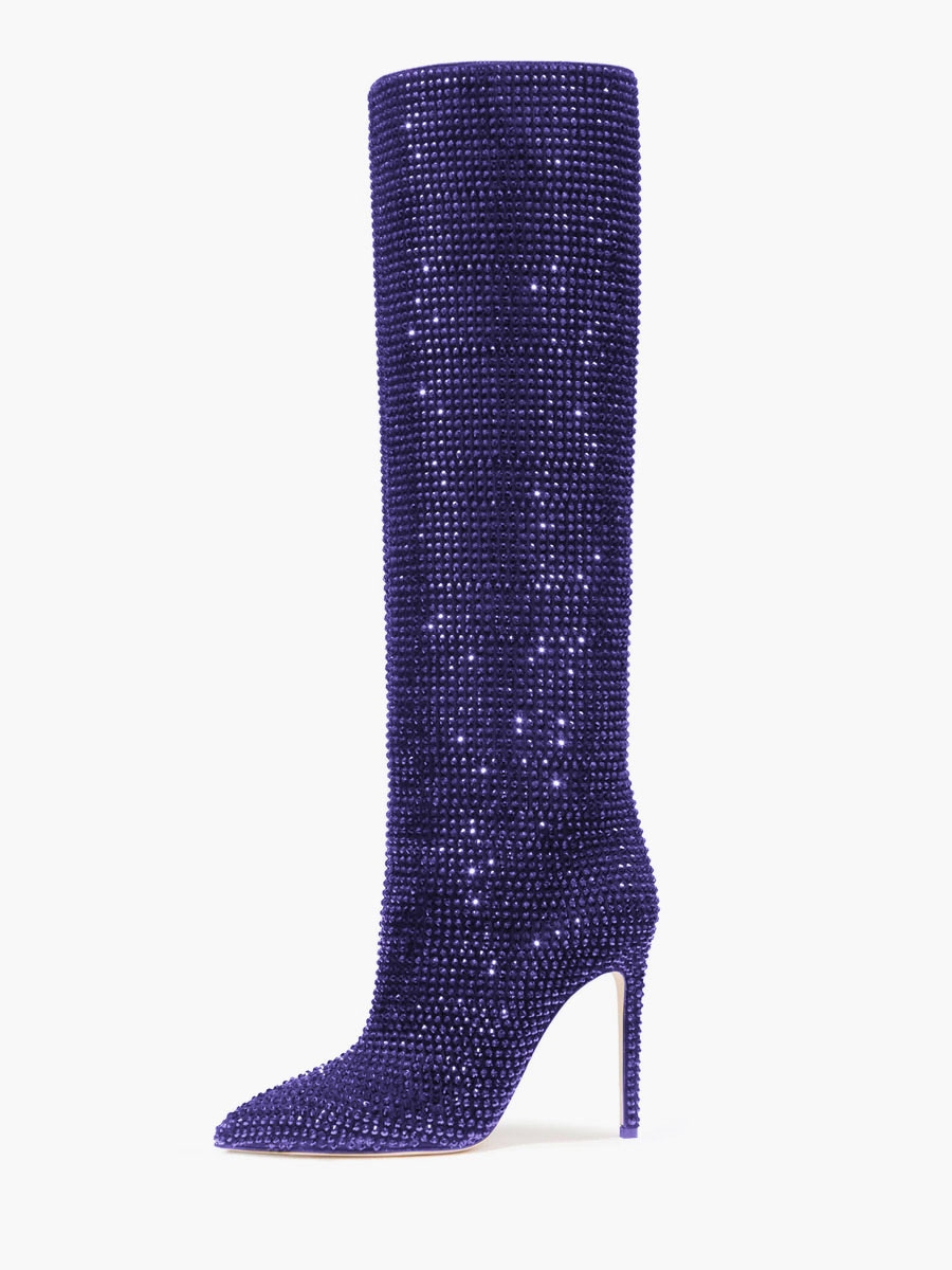 High Heel Wide Calf Boots Women Rhinestones Pointed Toe stiletto Knee High Boots Sexy Party Shoes