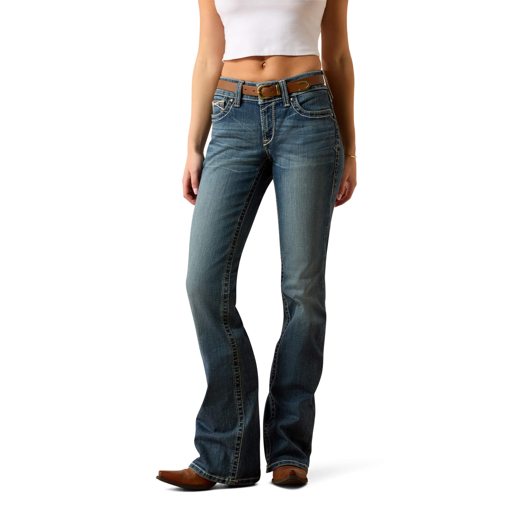 Women's R.E.A.L. Mid Rise Stretch Whipstitch Boot Cut Jeans in Rainstorm Cotton, Size Short, by Ariat