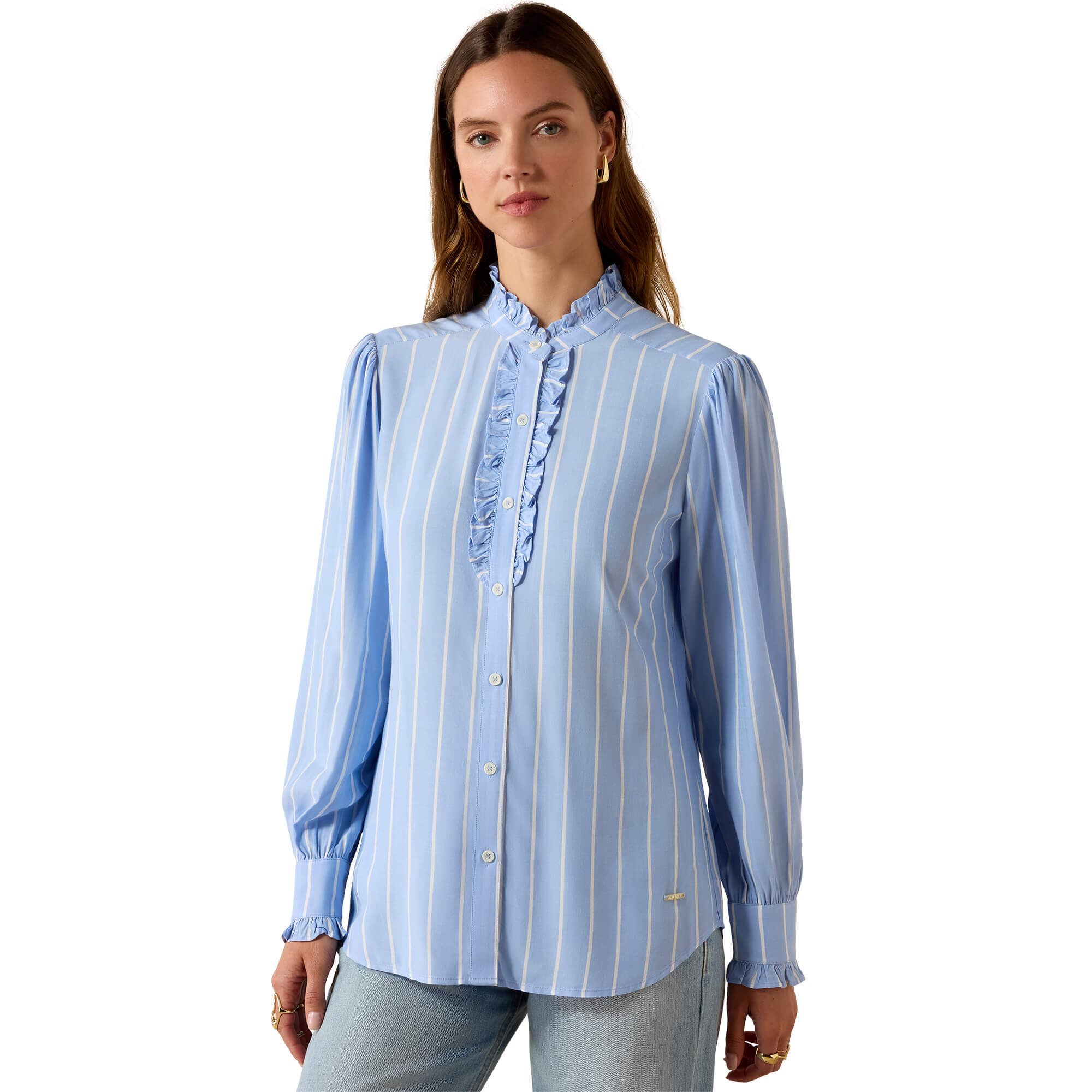 Women's Cricklade Blouse Long Sleeve in Pacific Blue Stripe, Size Medium, by Ariat