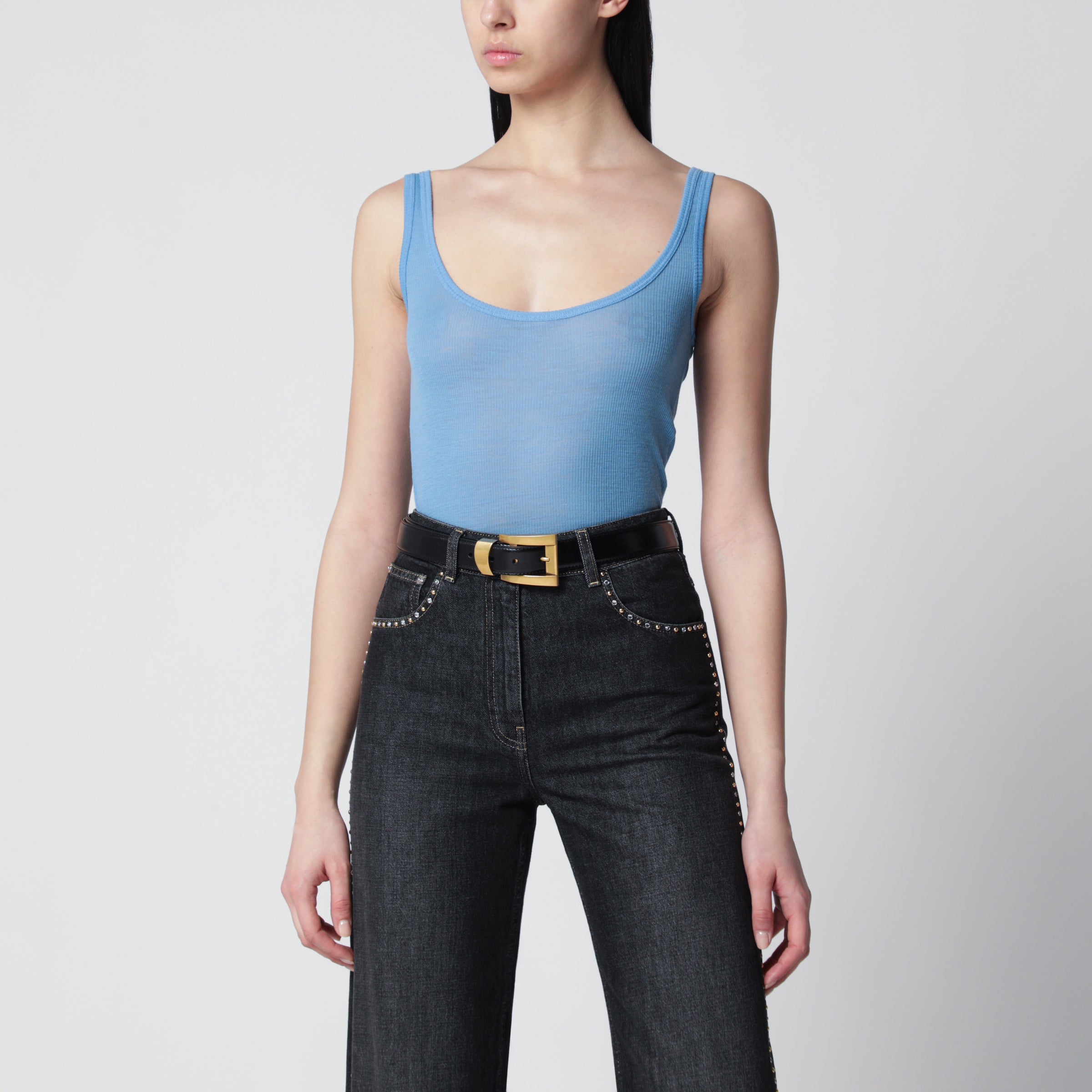 Blue wool tank top with logo embroidery