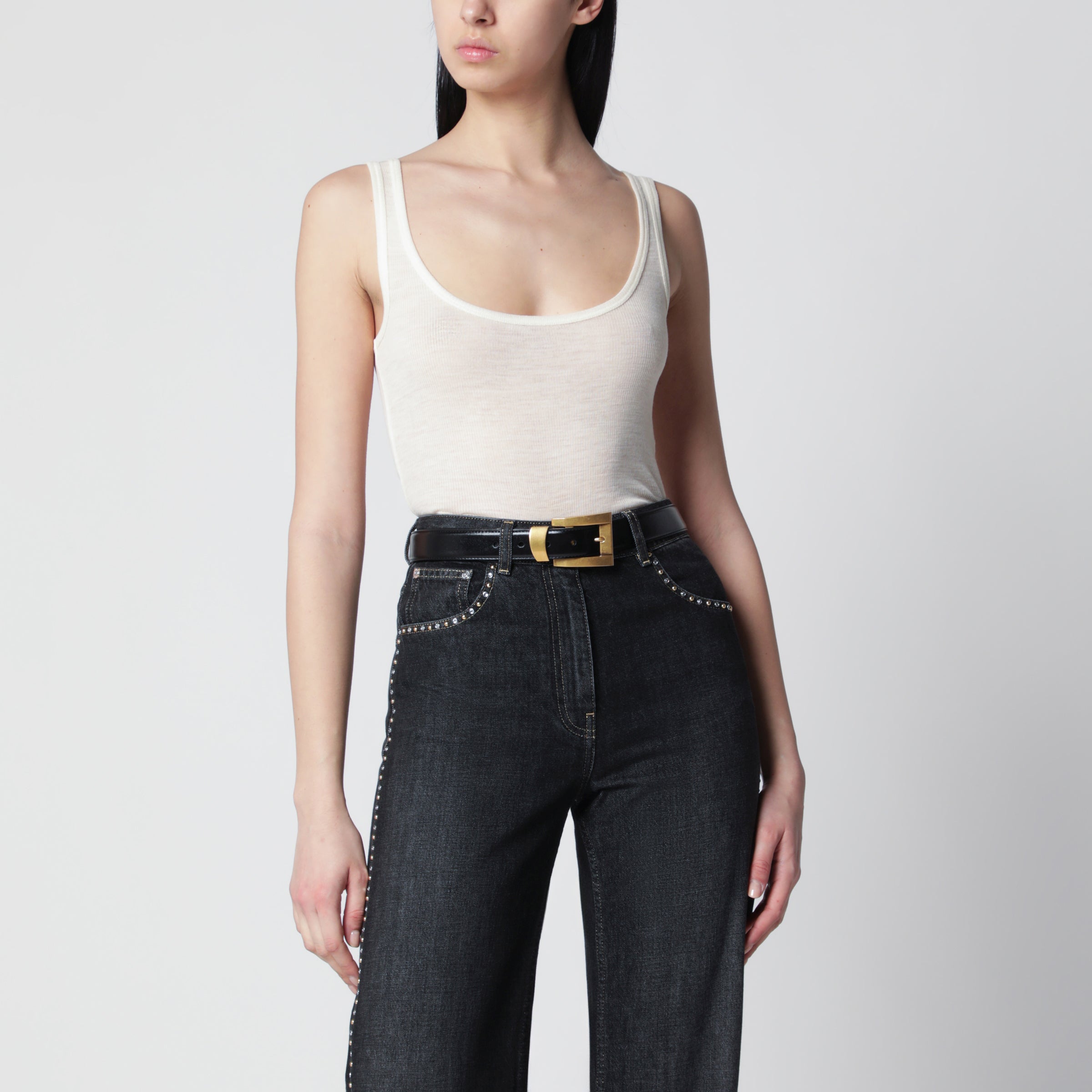 Cream wool tank top with logo embroidery