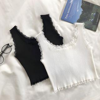 Round Neck Lace-Trim Tank Top White