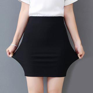 Elastic-Waist Plain Sheath Mini Skirt Black