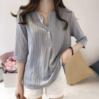 Elbow-Sleeve Striped Blouse Pink