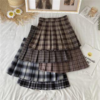 High Waist Plaid Pleated Mini Skirt Khaki - Small Plaid