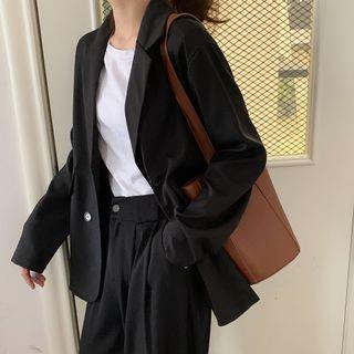 Oversized Double-Breasted Long-Sleeve Blazer Khaki
