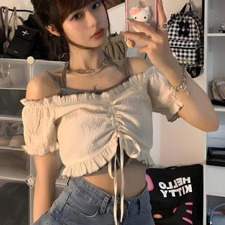 Off-Shoulder Drawstring Crop Top Strappy Cropped Camisole Top Top - Almond