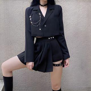 Chain Detail Cropped Blazer High Waist Asymmetrical Pleated Mini A-Line Skirt Black Skirt