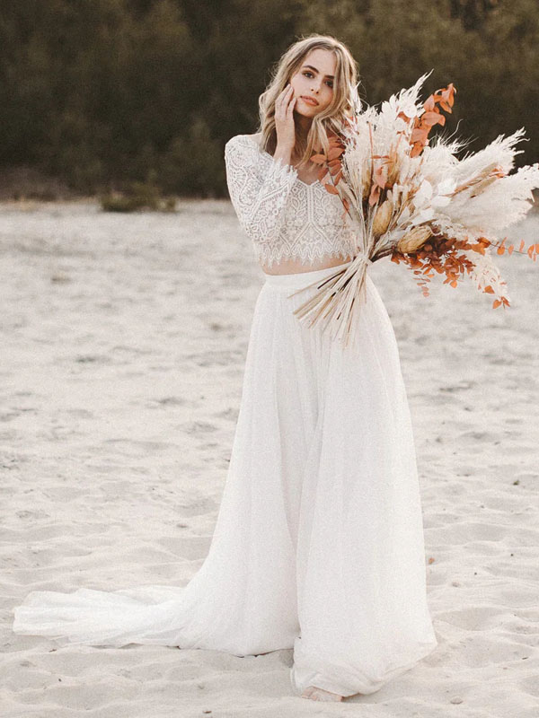Two-piece wedding dress Boho wedding dress Chiffon V-Neck A-Line With Train Wedding Dress Functional Buttons Long Sleeves