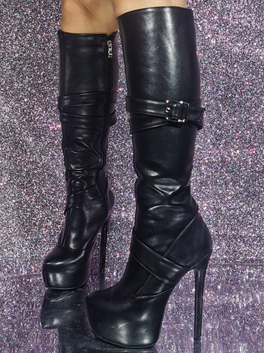 Black Sexy Buckle Detail High Heel Knee Boots
