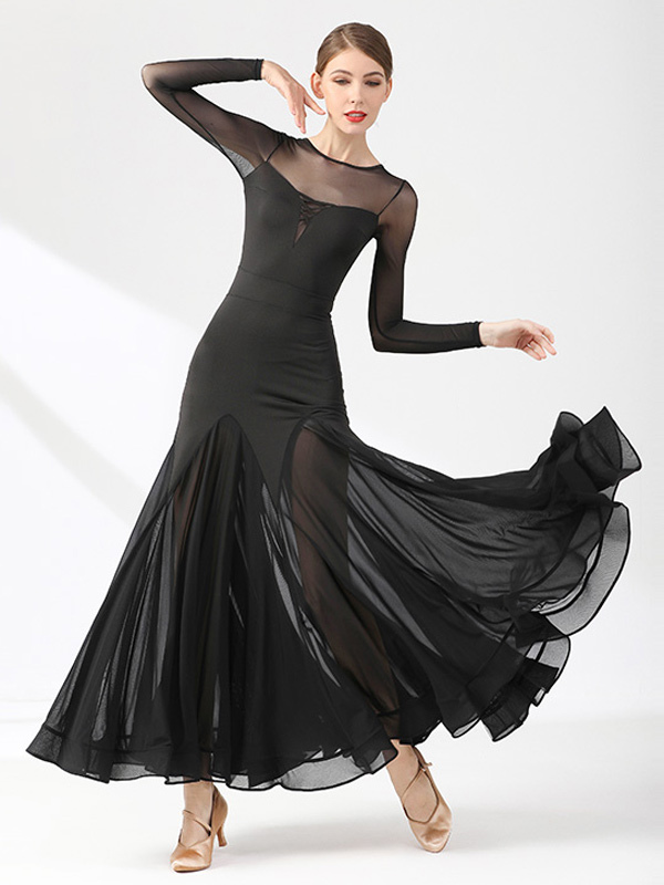 Ballroom Dance Costumes Black Women's Elegant Transparente Jewel Neck Dress Layered Dance Dress Waltz Salsa Dancing Clothes Tango Flamenco Dancewear