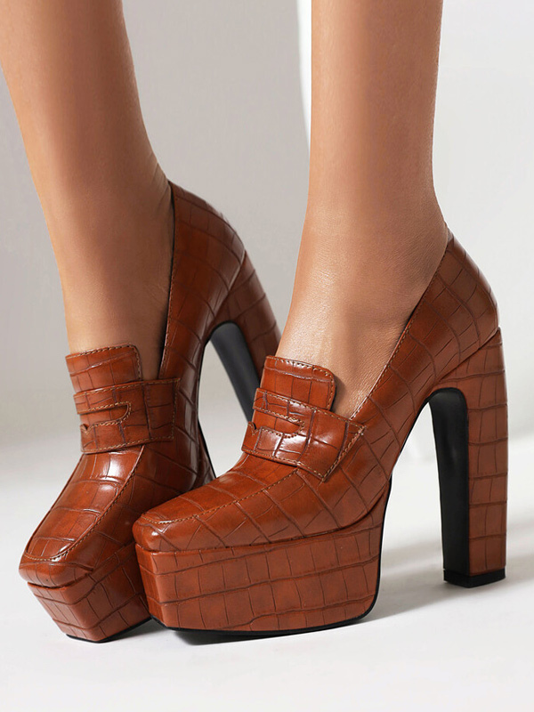 Women's Platform Loafers Chunky Heel Stone Pattern Slip On Pumps