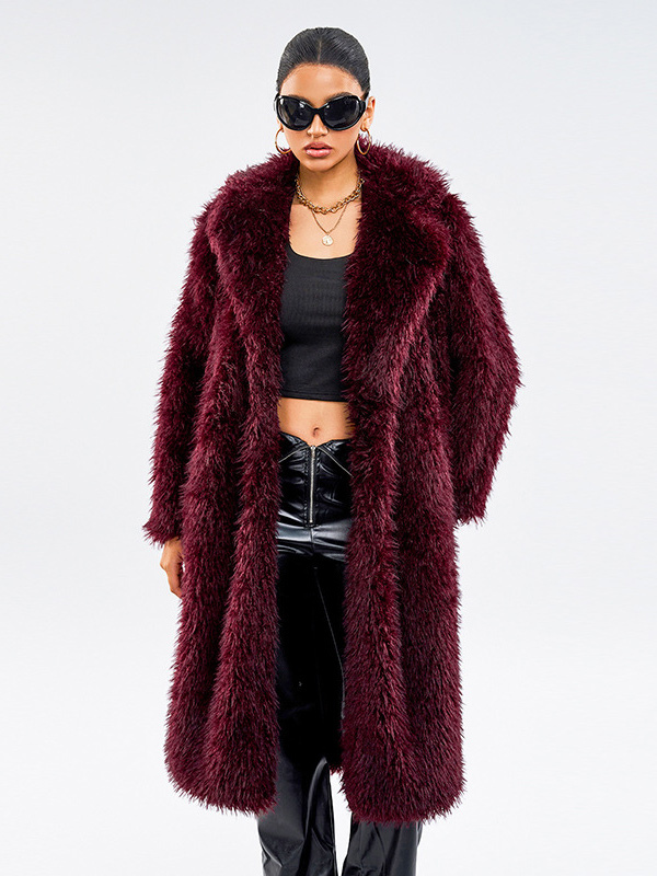Faux Fur Coats In Burgundy Notched Lapel Winter Long Jacket For Women