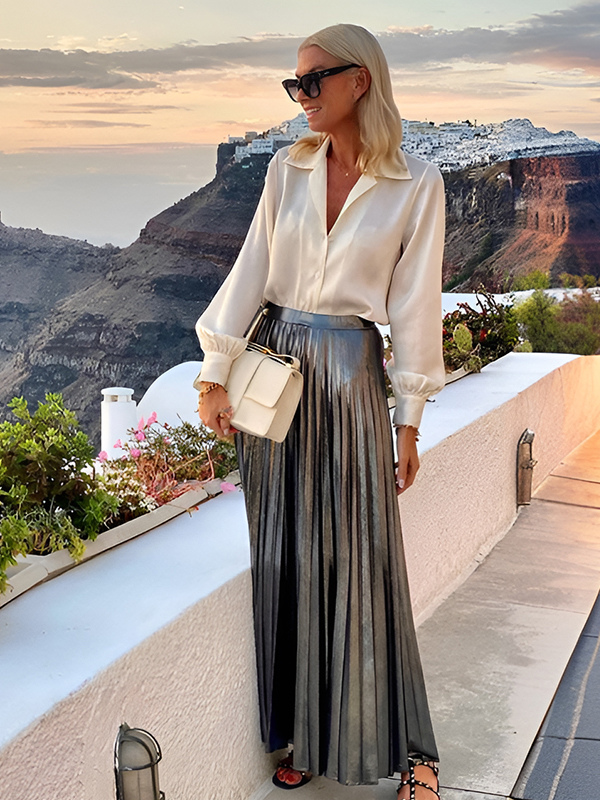 Two Piece Set Lantern Sleeve Blouse And Pleated Maxi Skirt Vacation Outfit For Women
